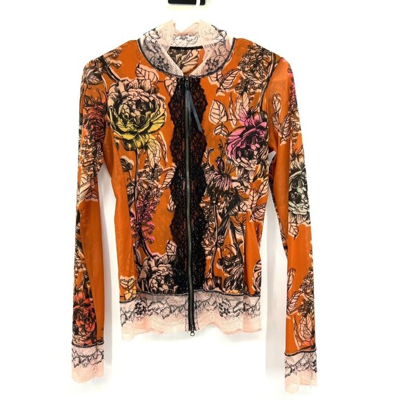 Y2K Orange Floral Lace Trimmed Full Zip Top Women's Small - Picture 1 of 2